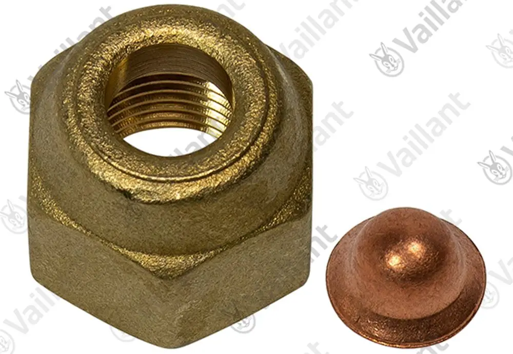 Vaillant Anschlussstück, sechseckig, aus Metall mit Innengewinde, neben einer kupfernen Kappe, auf neutralem Hintergrund.